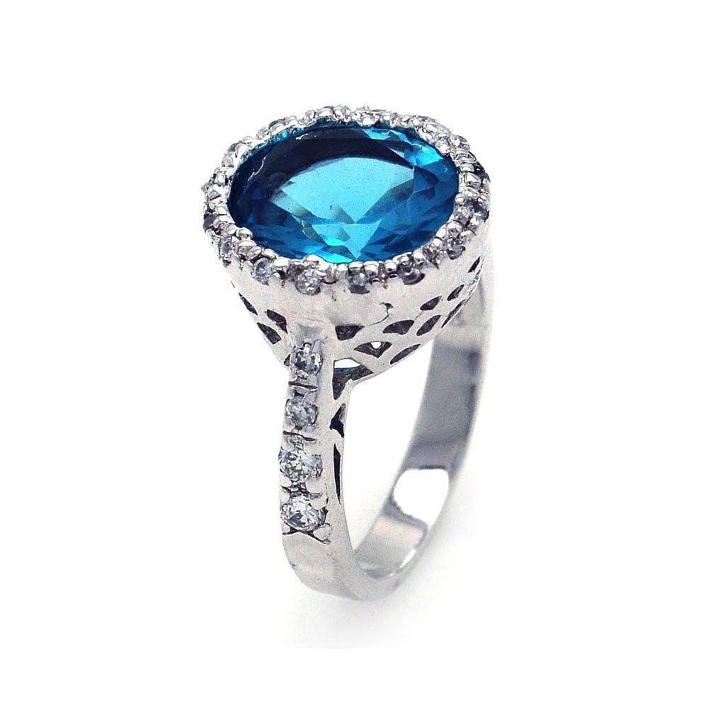 Silver 925 Rhodium Plated Clear and Blue Center CZ Ring - STR00132BLU