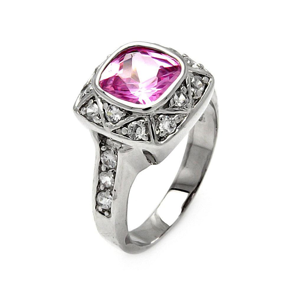 Silver 925 Rhodium Plated Square Pink CZ Ring - STR00168