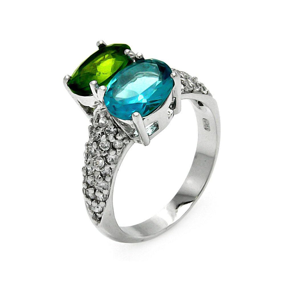 Silver 925 Rhodium Plated Blue and Green CZ Ring - STR00173