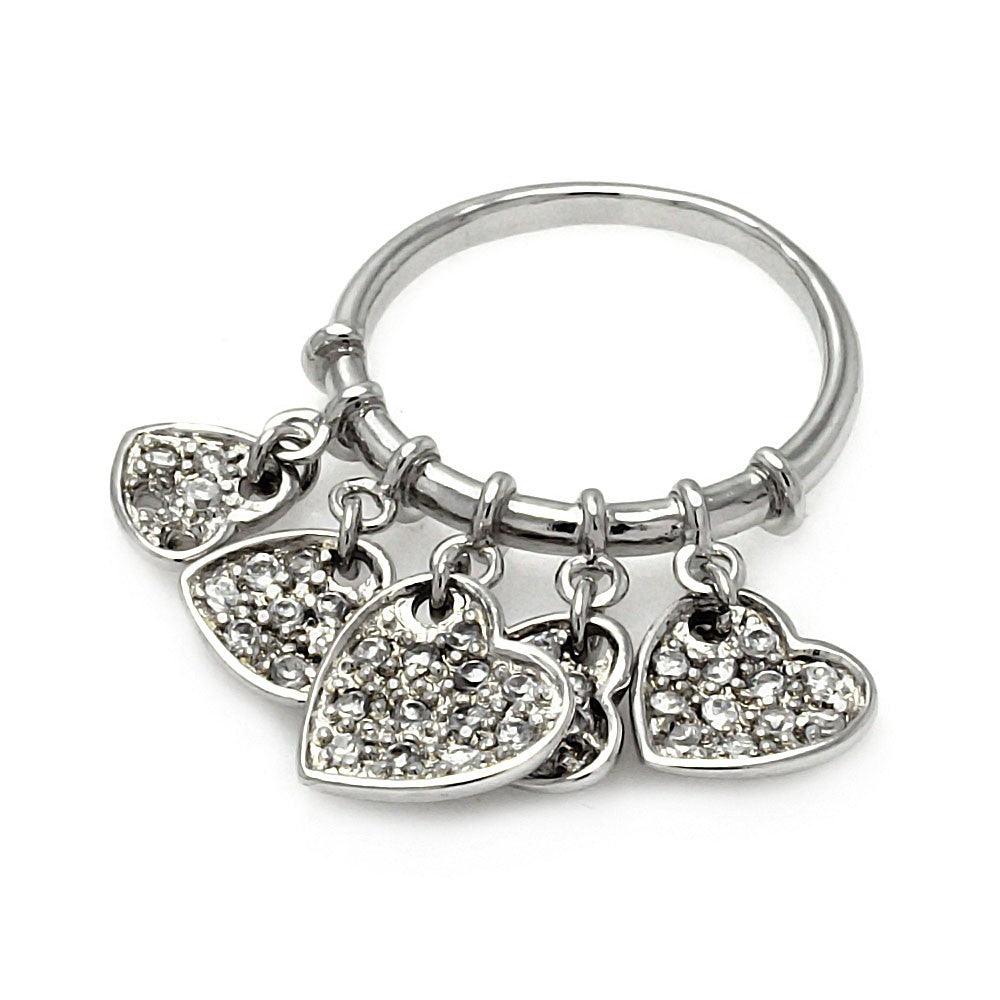 Silver 925 Rhodium Plated Multi Dangling CZ Heart Ring - STR00187