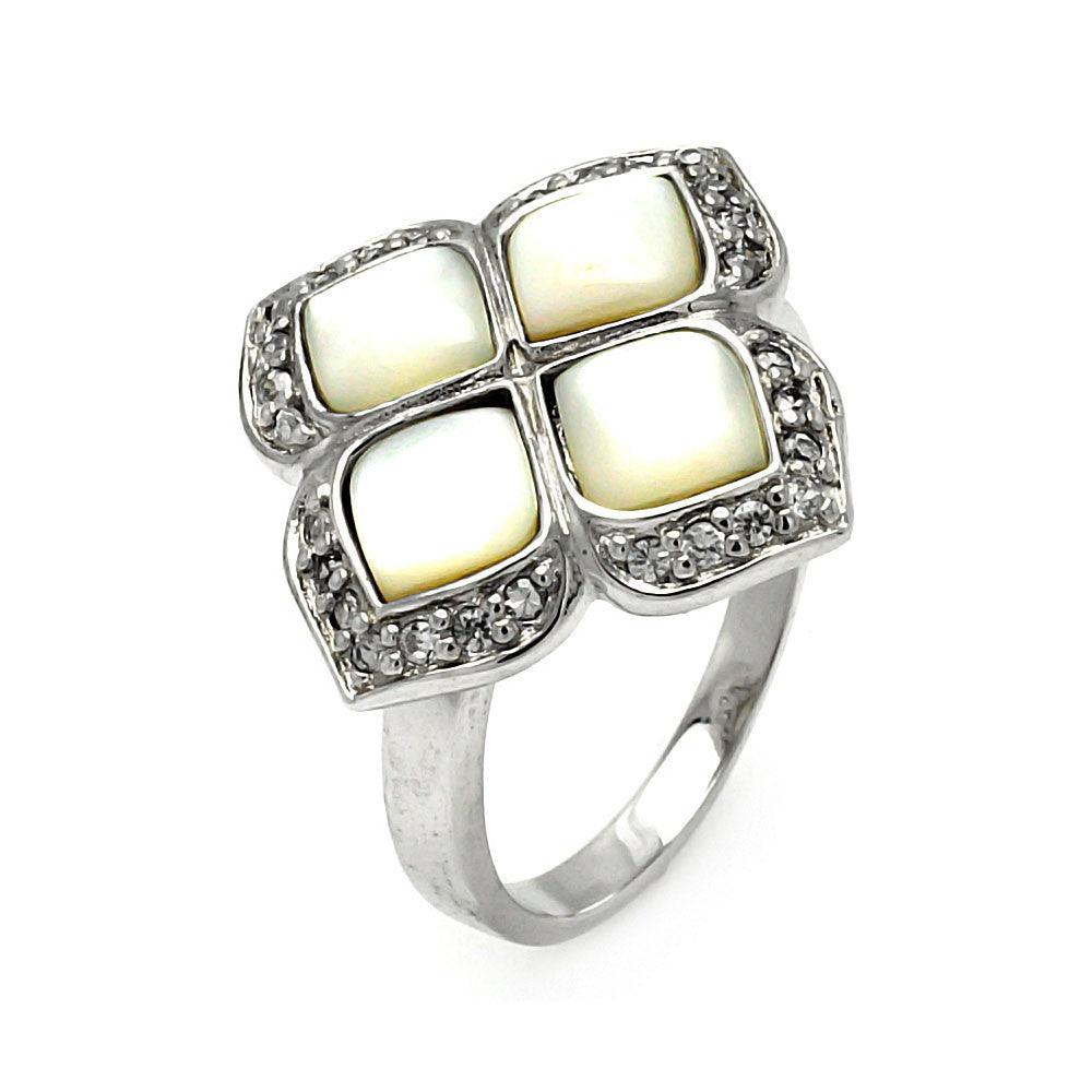 Silver 925 Rhodium Plated CZ Pearl Flower Ring - STR00192