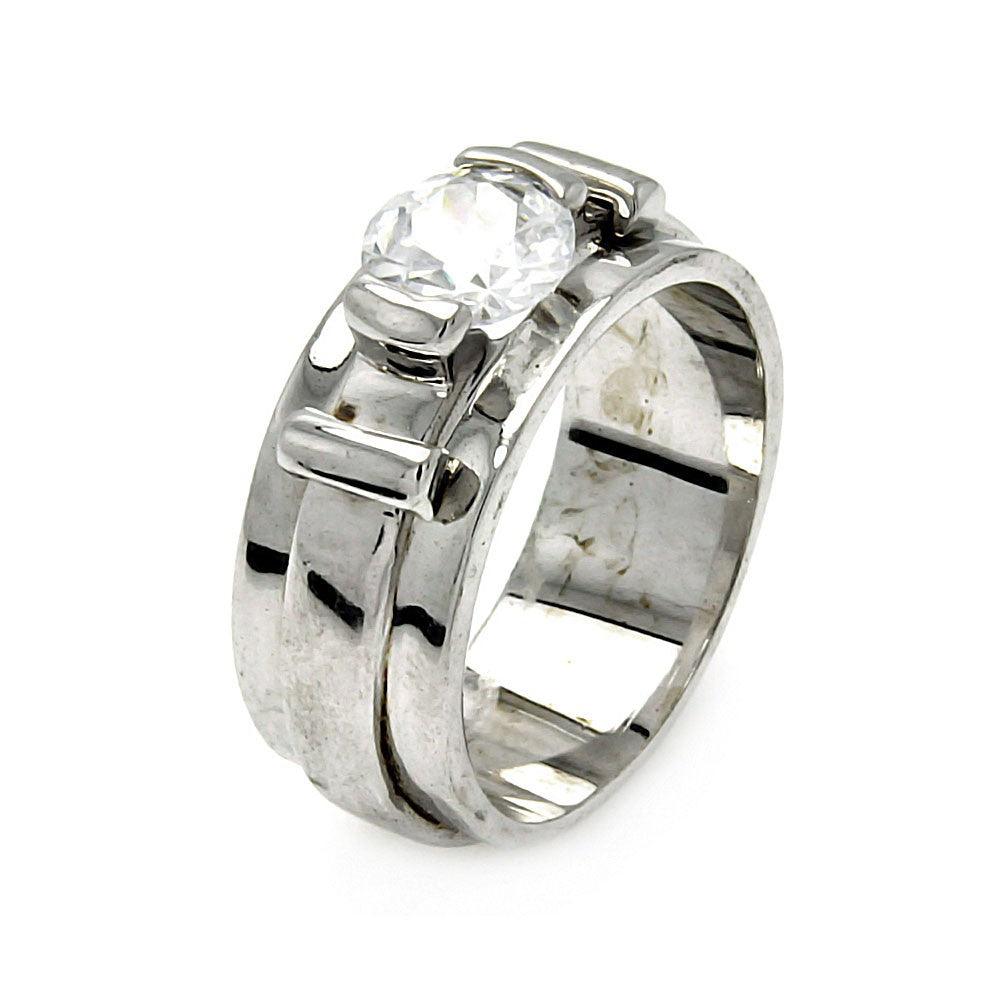 Silver 925 Rhodium Plated Single CZ Belt Ring - STR00193