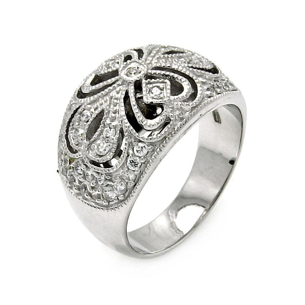 Silver 925 Rhodium Plated CZ Flower Ring - STR00224