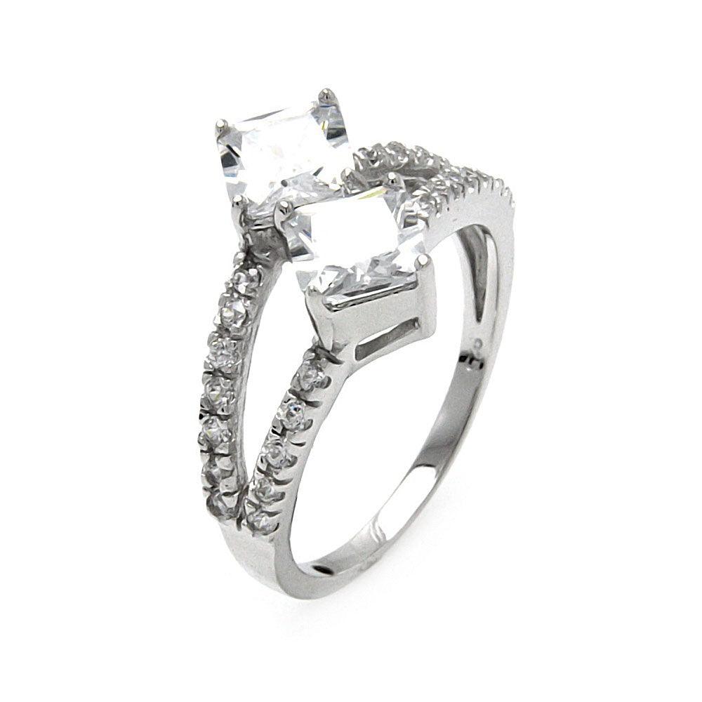 Silver 925 Rhodium Plated 2 Princess Cut CZ Ring - STR00247