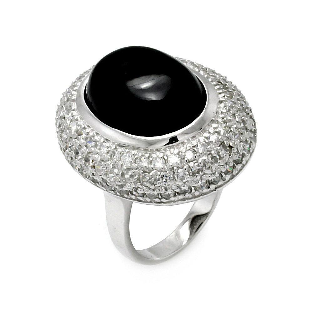 Silver 925 Rhodium Plated Black Onyx Center CZ Ring - STR00275