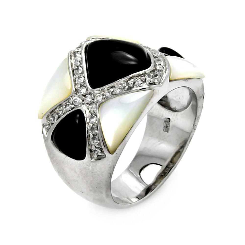 Silver 925 Rhodium Plated Black Onyx Pearl CZ Ring - STR00276
