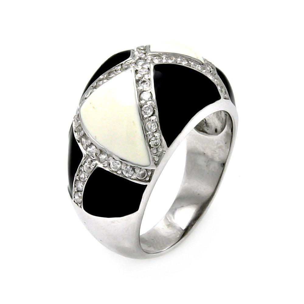 Silver 925 Rhodium Plated Black and White Enamel CZ Ring - STR00278