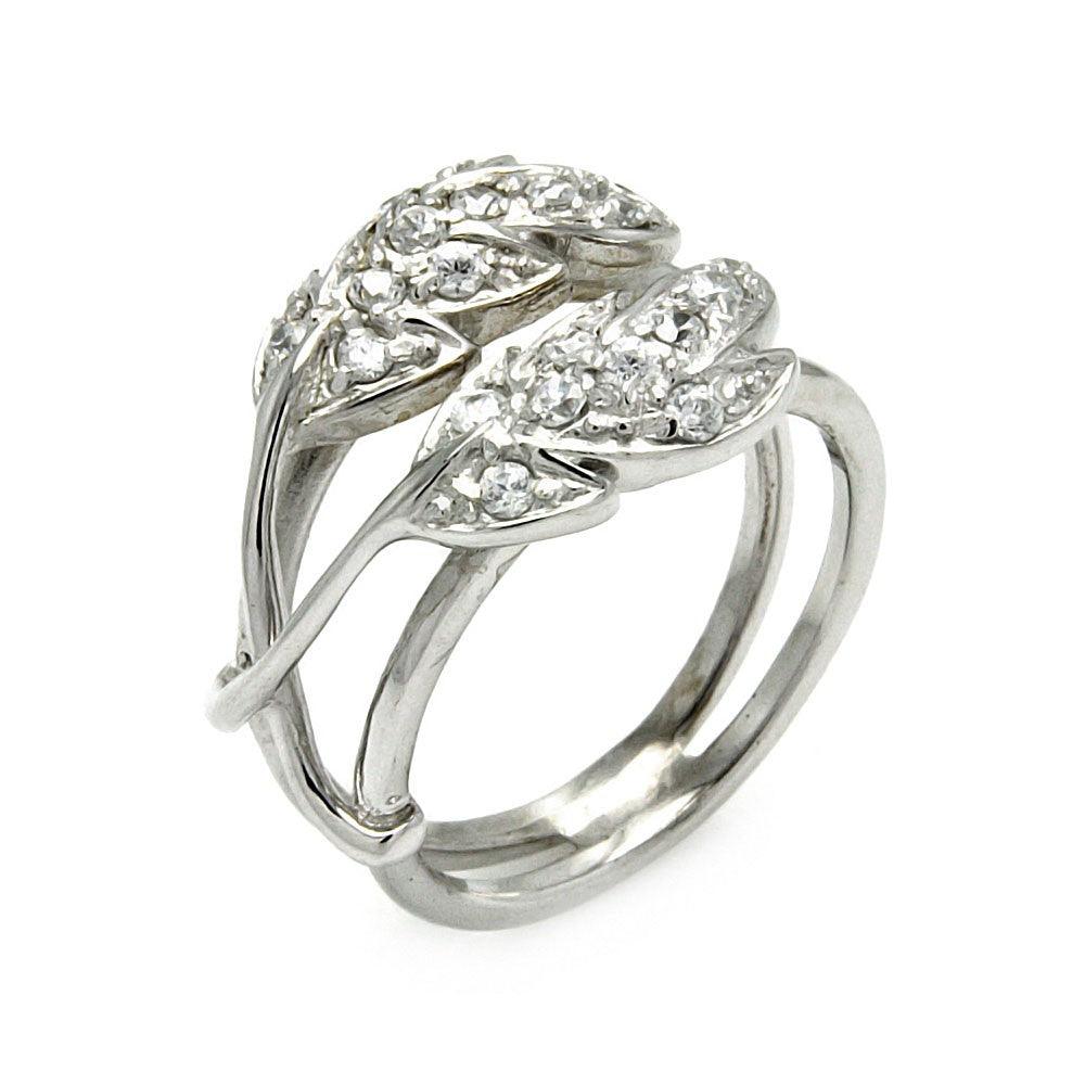 Silver 925 Rhodium Plated CZ Double Leaf Ring - STR00282