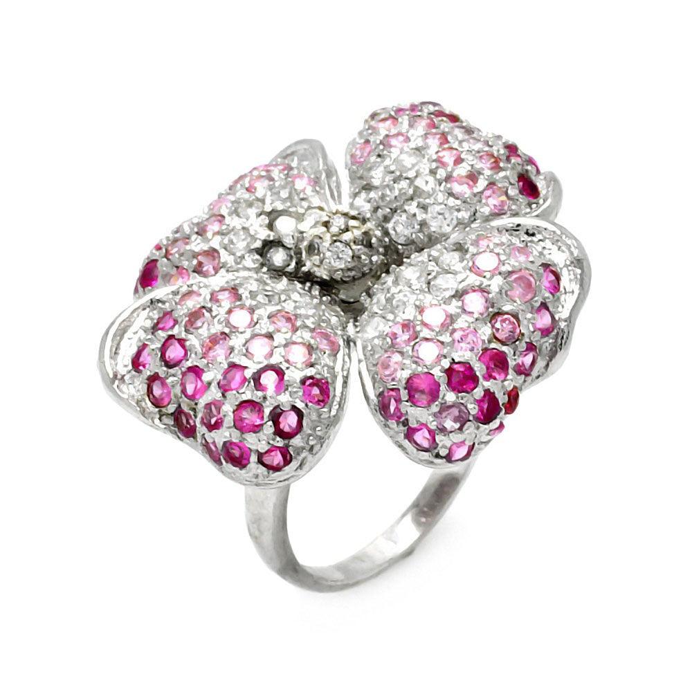 Silver 925 Rhodium Plated Pink CZ Clover Ring - STR00296