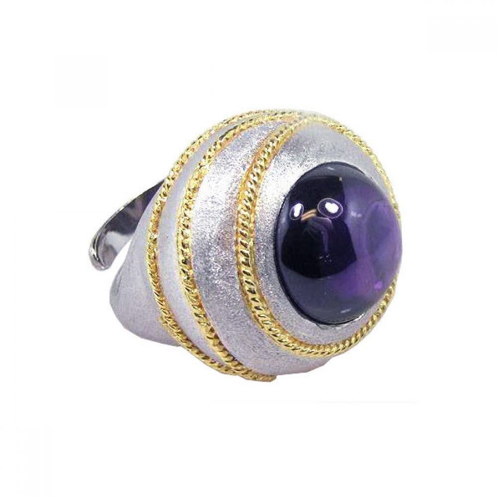 Silver 925 Rhodium With Gold Plated Rope Purple Amethyst Dome Ring - STR00309