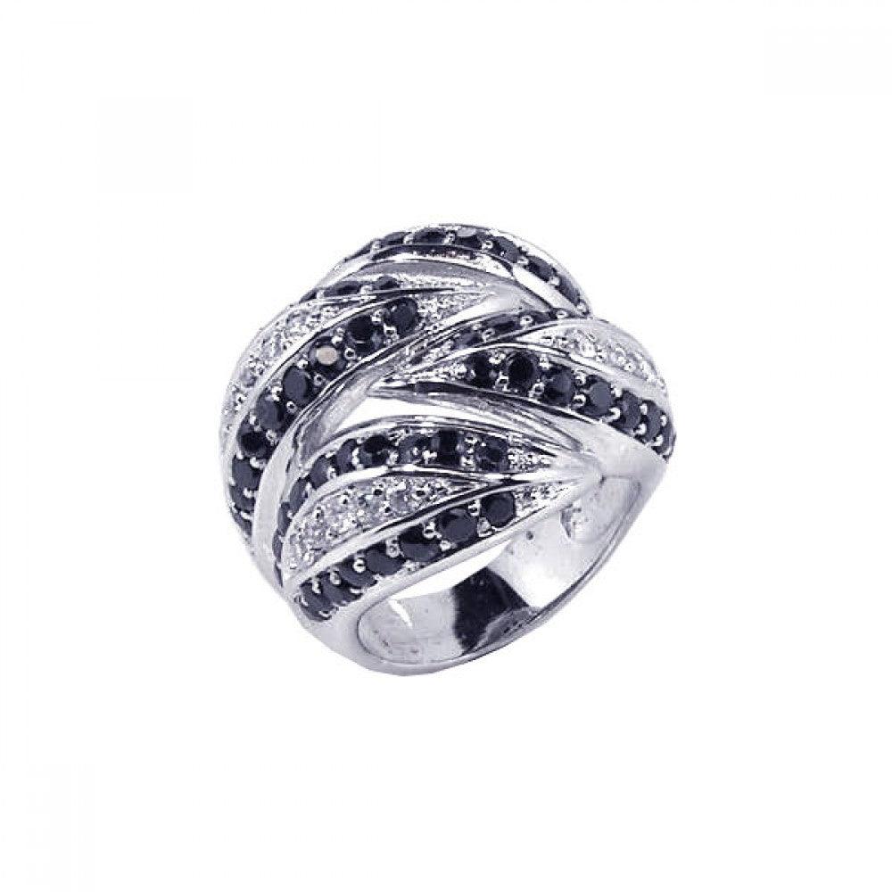 Silver 925 Rhodium Plated Black and Clear CZ Interlocked Ring - STR00314