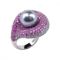 Silver 925 Rhodium Plated Pearl Center Pink Cluster CZ Ring - STR00320