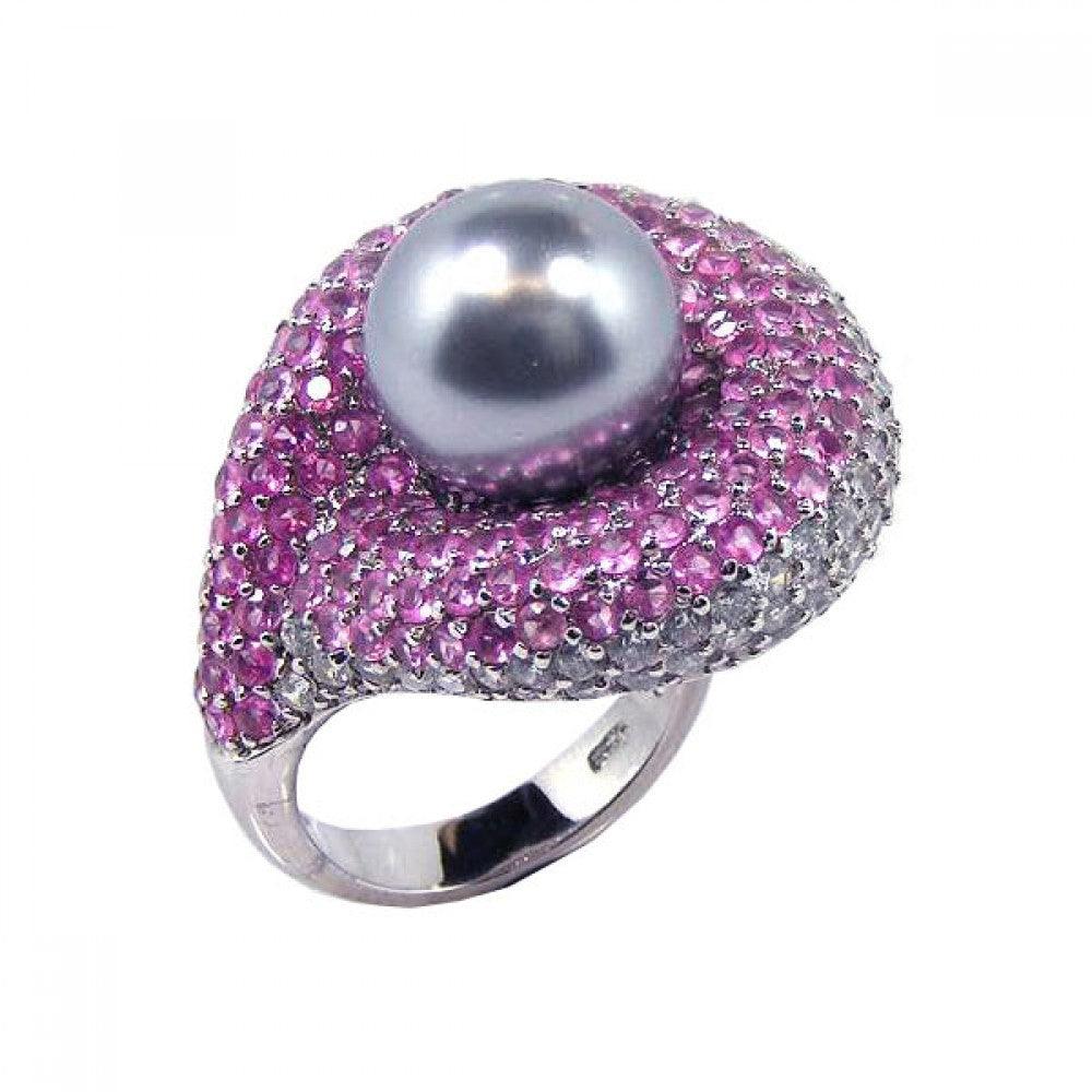 Silver 925 Rhodium Plated Pearl Center Pink Cluster CZ Ring - STR00320