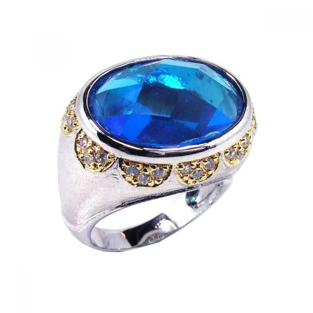 Silver 925 Rhodium and Gold Plated Blue and Clear CZ Dome Ring - STR00323