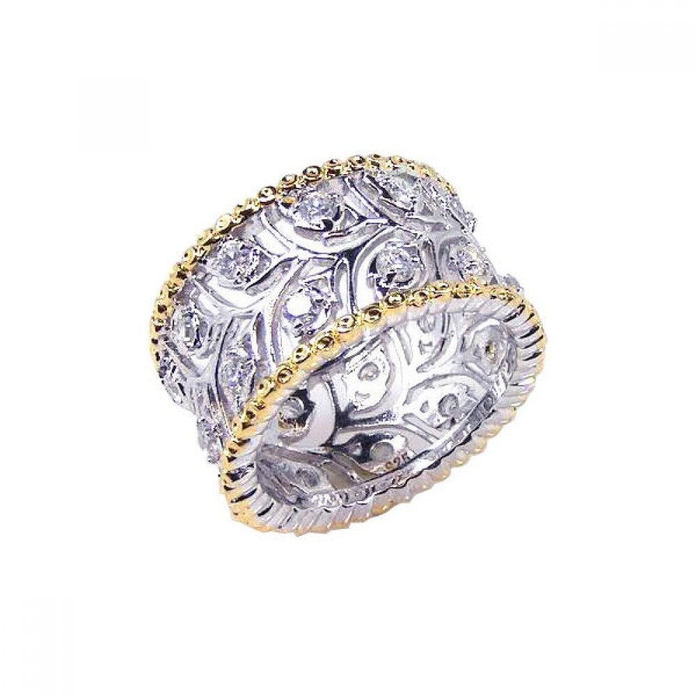 Silver 925 Rhodium and Gold Plated Border CZ Flower Ring - STR00342