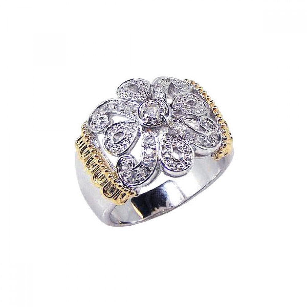 Silver 925 Rhodium and Gold Plated CZ Flower Ring - STR00343