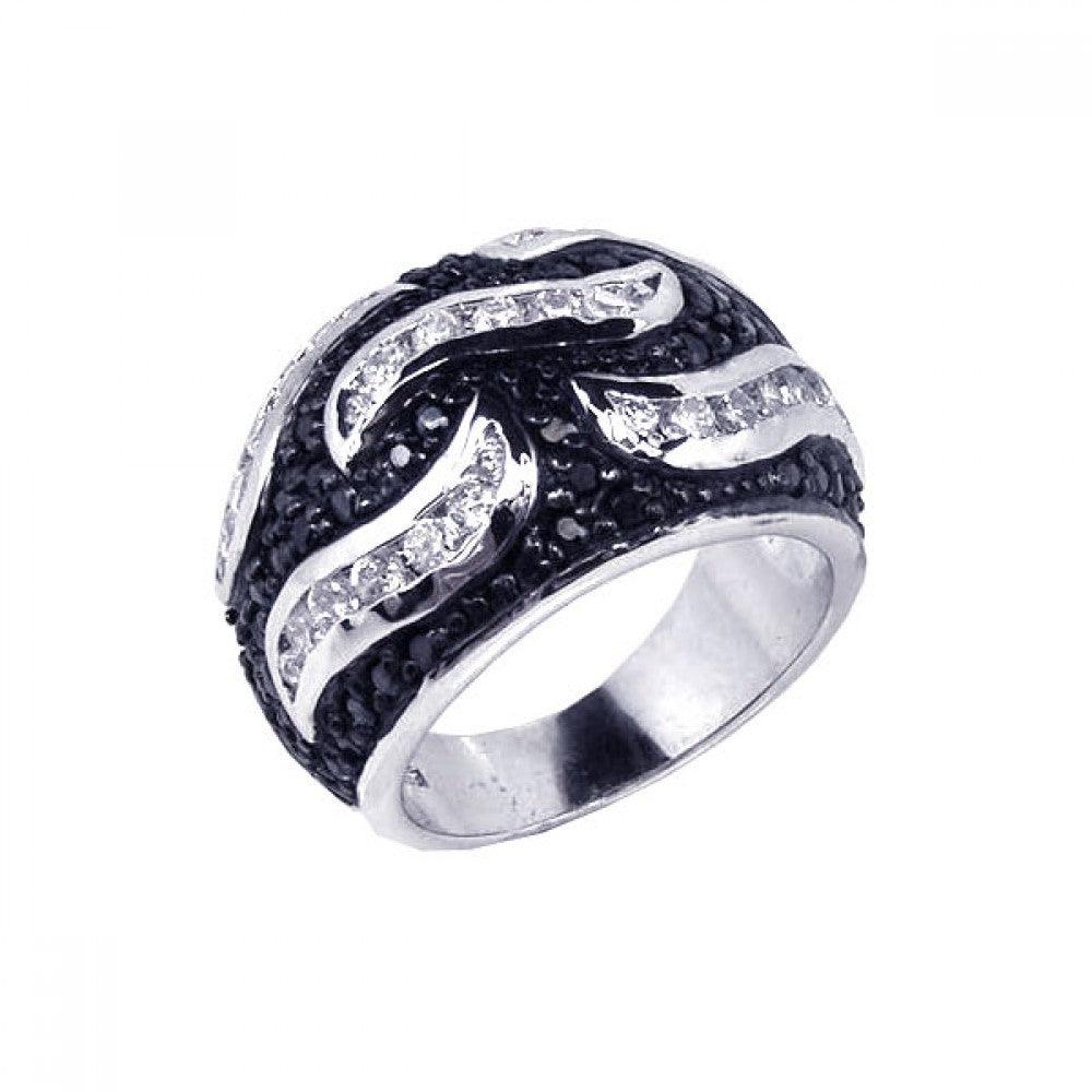 Silver 925 Rhodium and Black Rhodium Plated Pave Set Black and Clear CZ Wave Ring - STR00354