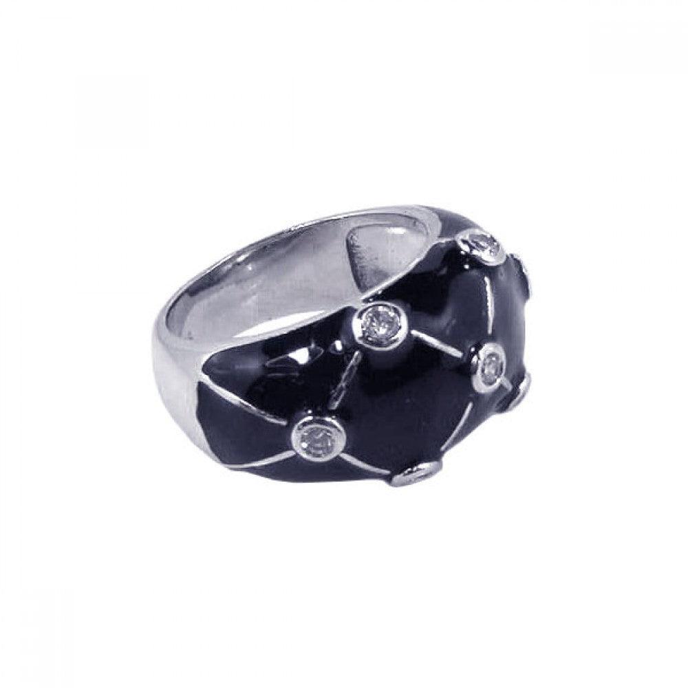 Silver 925 Rhodium Plated Black Enamel CZ Dotted Dome Ring - STR00424