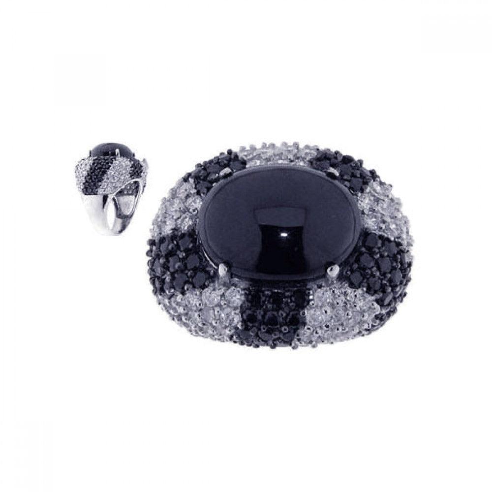 Silver 925 Rhodium and Black Rhodium Plated Black Stone Center Clear CZ Ring - STR00433