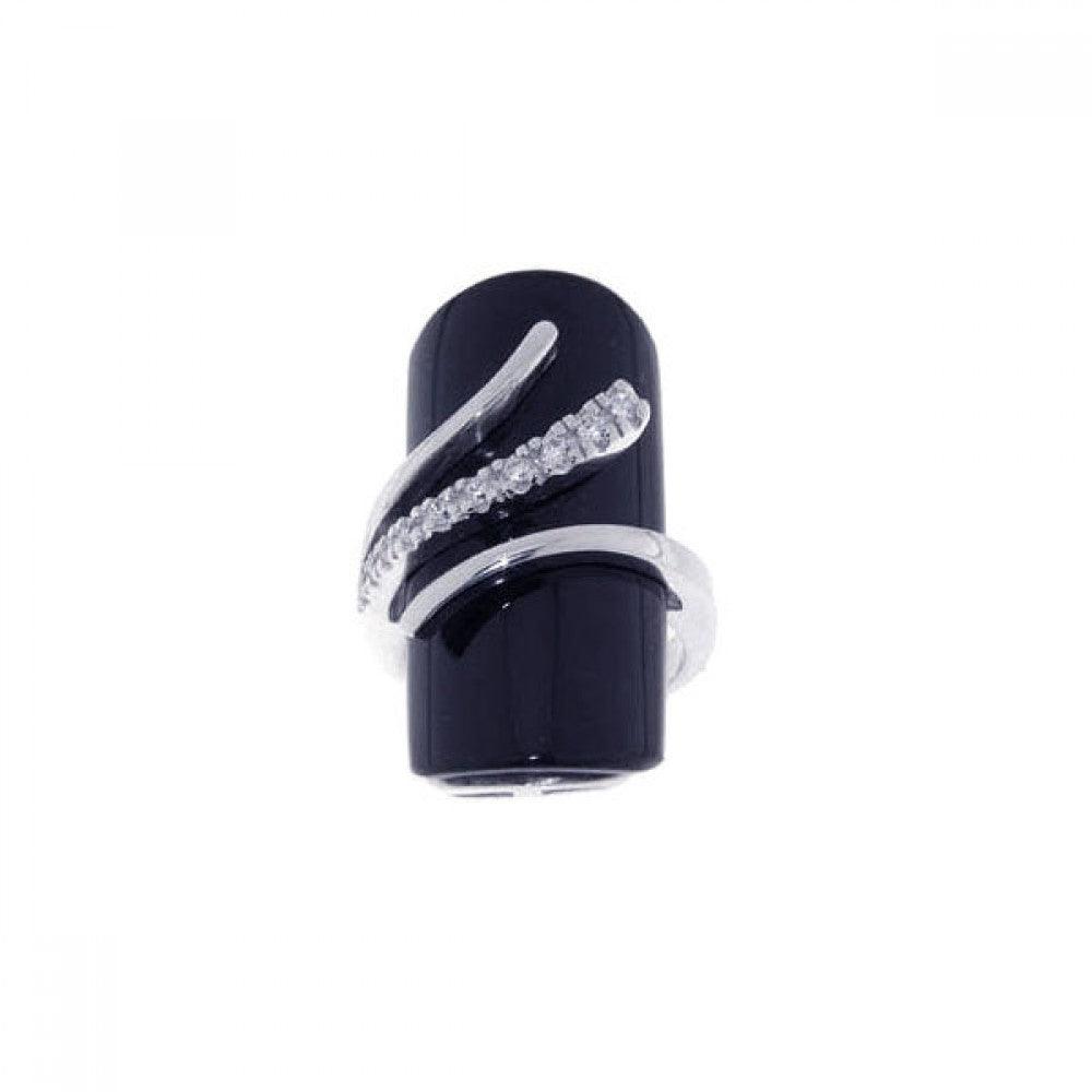 Silver 925 Rhodium Plated Black Stone CZ Wrap Ring - STR00437