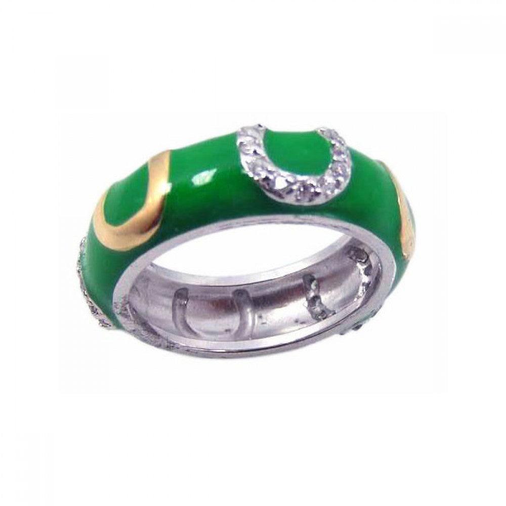 Silver 925 Rhodium Plated Green Enamel CZ Horse Shoe Ring - STR00455