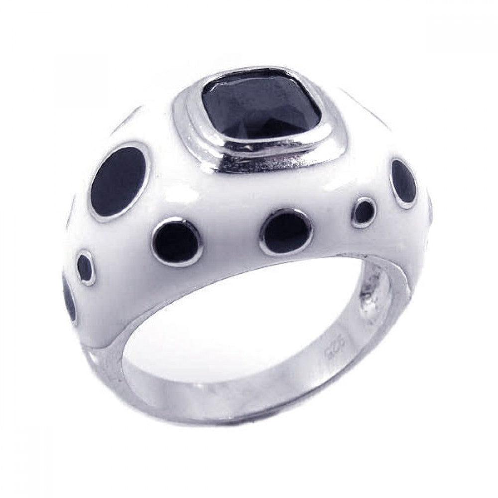 Silver 925 Rhodium Plated Black and White Enamel Black CZ Ring - STR00456