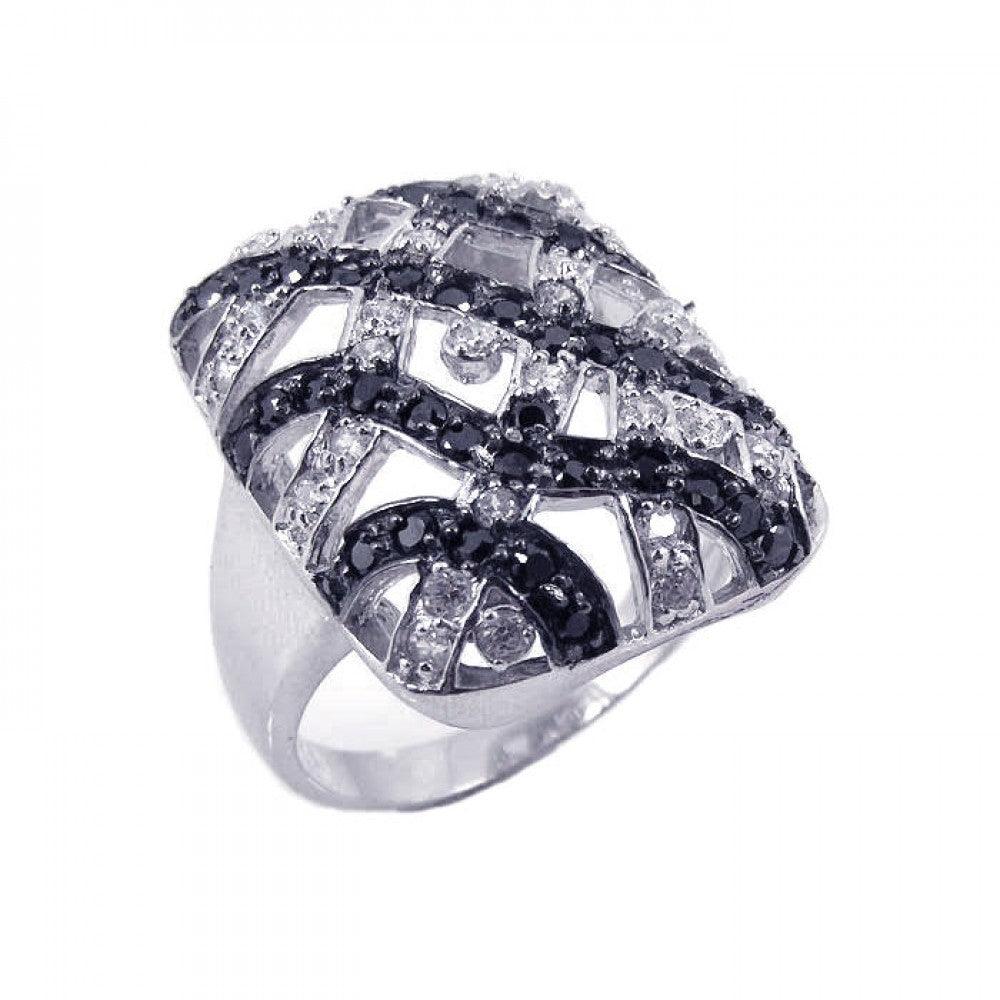 Silver 925 Rhodium and Black Rhodium Plated Black and Clear CZ Square Button Ring - STR00459