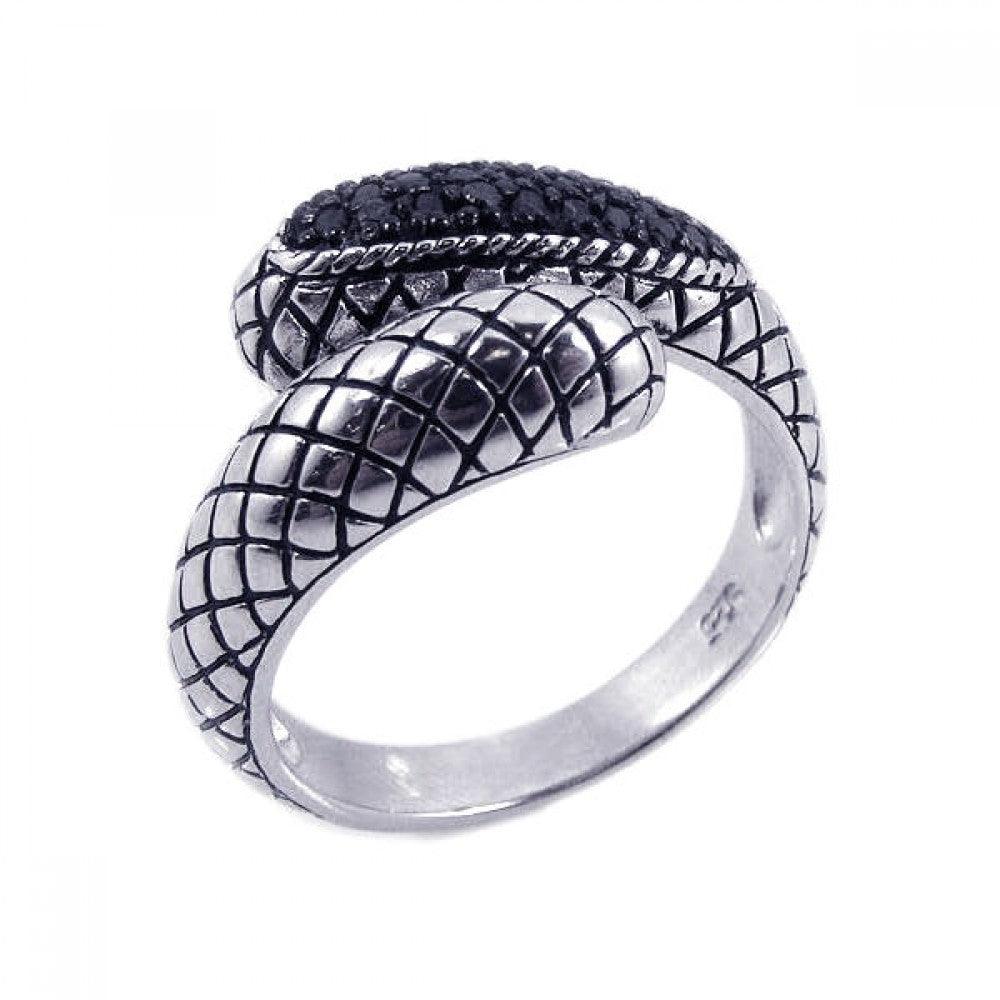 Silver 925 Oxidized Rhodium and Black Rhodium Plated Black CZ Textured Ring - STR00479