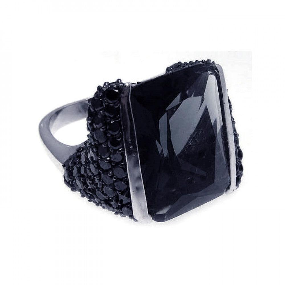 Silver 925 Rhodium and Black Rhodium Plated Pave Set Black CZ Square Ring - STR00488
