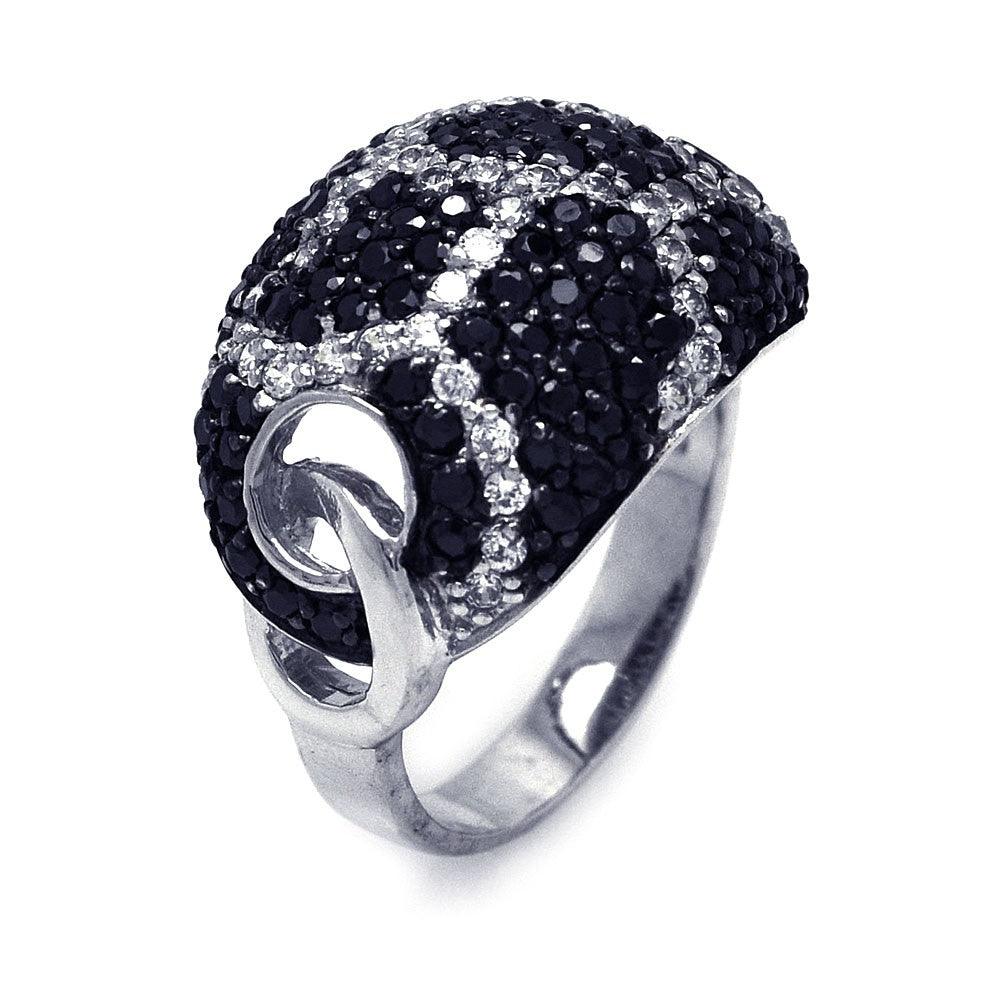 Silver 925 Rhodium and Black Rhodium Plated Clear and Black CZ Dome Ring - STR00489