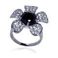 Silver 925 Rhodium Plated Black Center Pave Set Clear CZ Flower Ring - STR00490