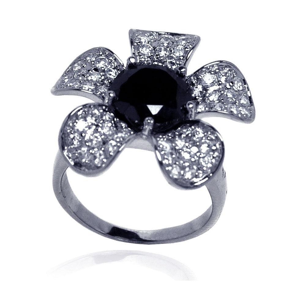 Silver 925 Rhodium Plated Black Center Pave Set Clear CZ Flower Ring - STR00490