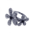 Silver 925 Rhodium Plated Black and Pave Set Clear CZ Flower Ring - STR00495