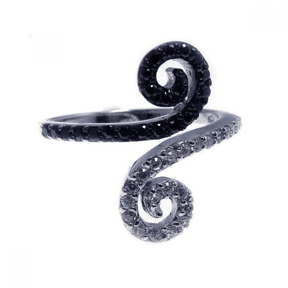 Silver 925 Rhodium and Black Rhodium Plated Black and Clear CZ Double Curl Ring - STR00496