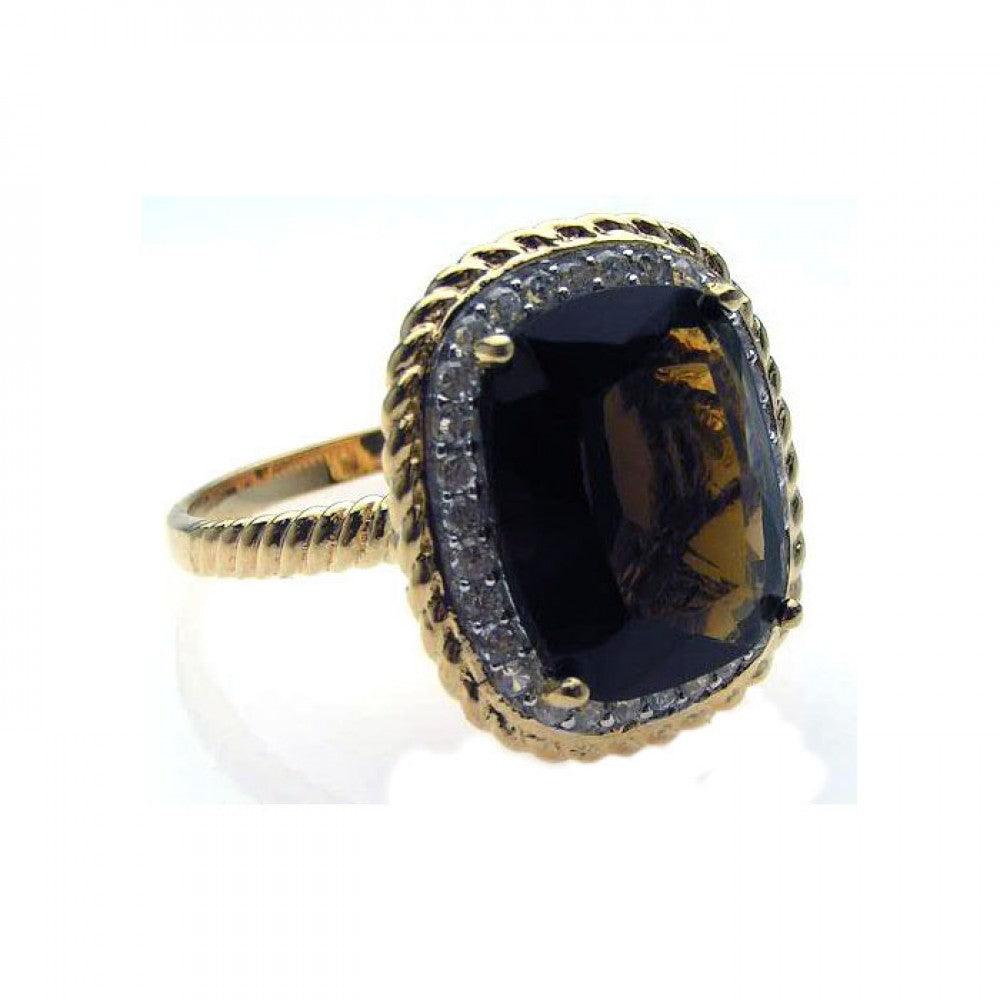 Silver 925 Rhodium and Gold Plated Plated Brown Center and Clear Cluster CZ Ring - STR00503