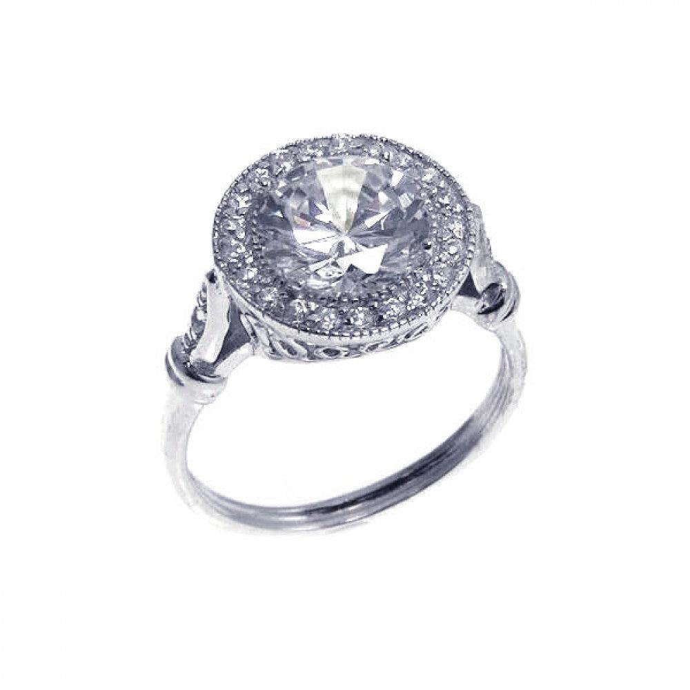 Silver 925 Rhodium Plated Round Center and Cluster CZ Ring - STR00524