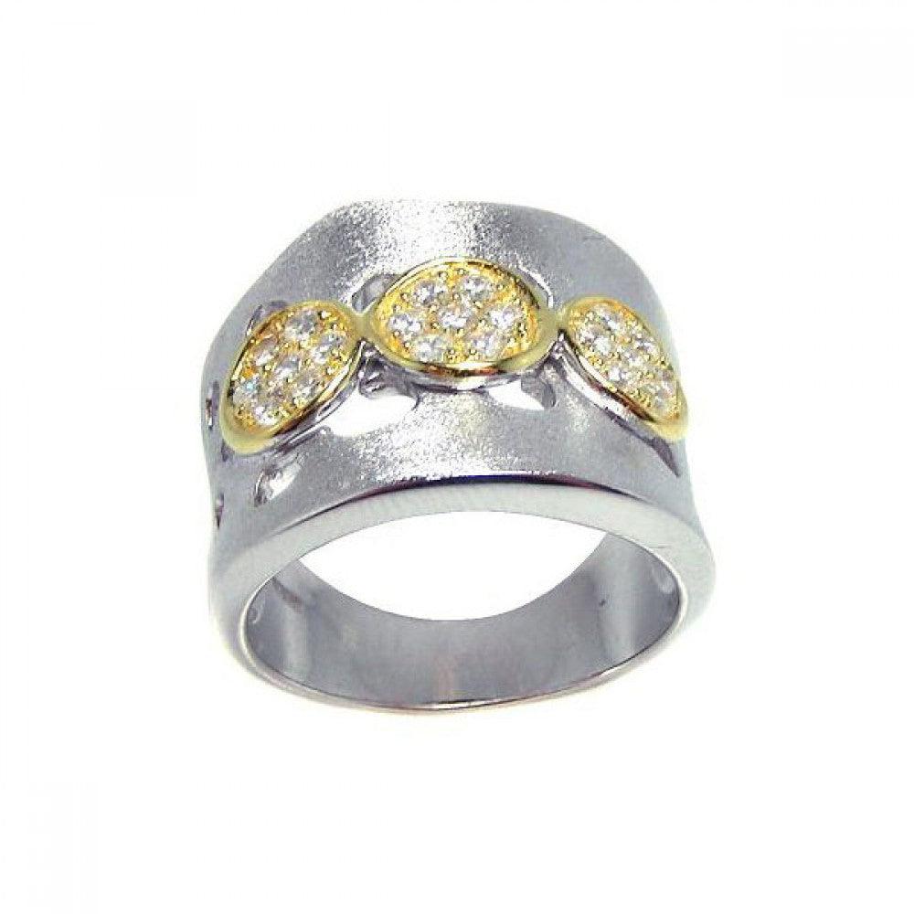 Silver 925 Rhodium and 3 Gold Plated Circle Matte Finish CZ Ring - STR00559