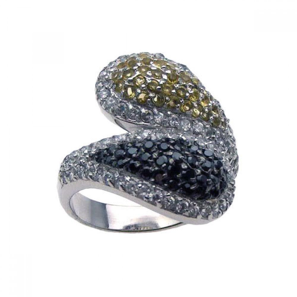 Silver 925 Rhodium Plated Pave Set Clear Yellow and Black CZ Ring - STR00572