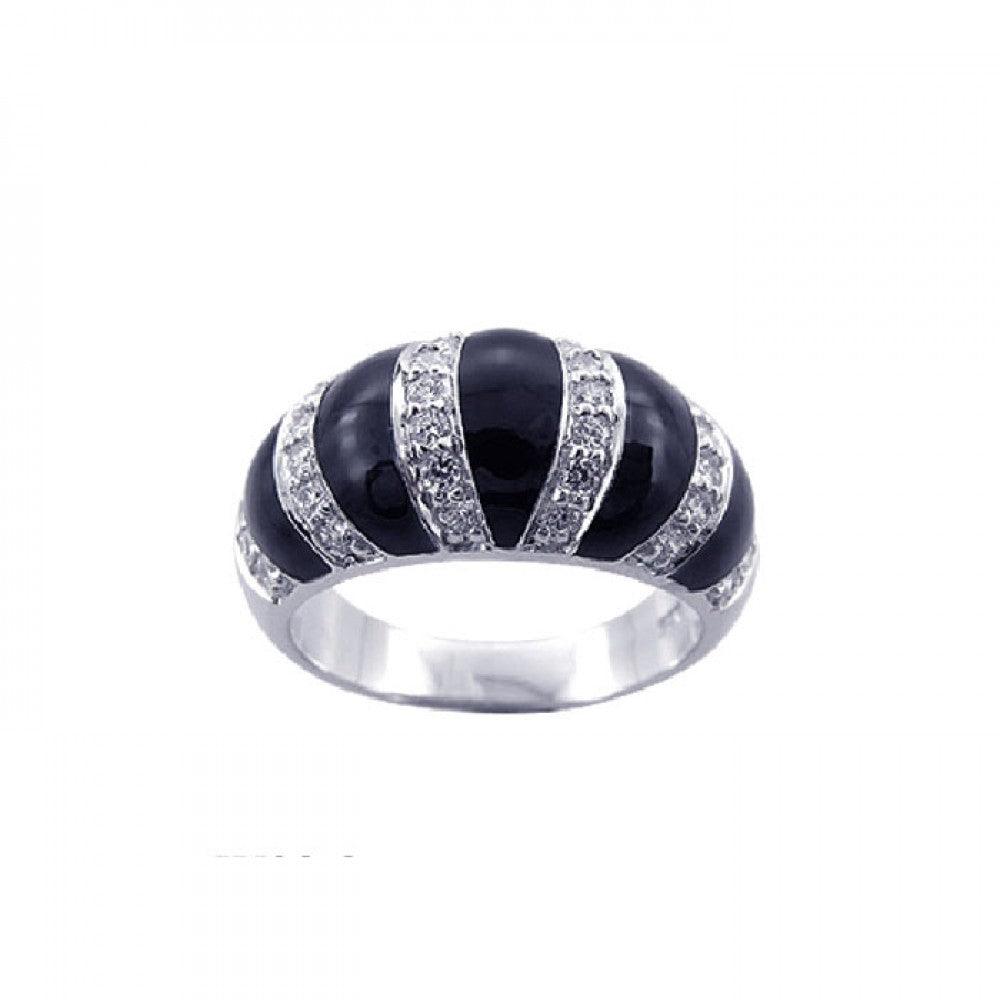 Silver 925 Rhodium Plated Black Onyx CZ Stripe Ring - STR00590