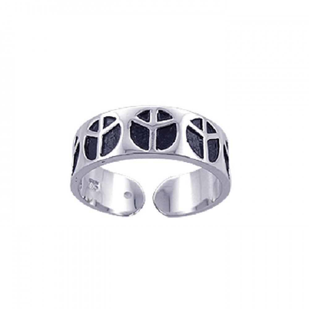 Silver 925 Rhodium and Black Rhodium Plated Adjustable Peace Sign Ring - STR00594