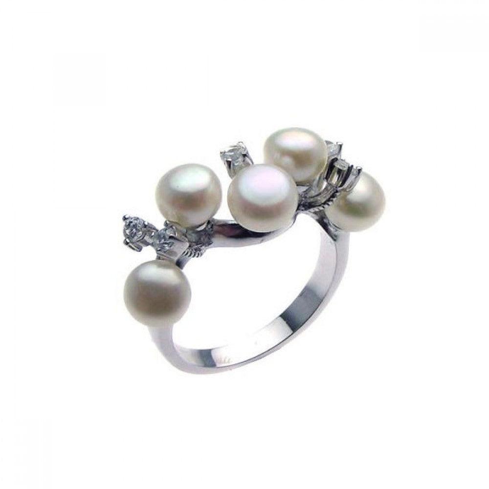 Silver 925 Rhodium Plated CZ Multiple Fresh Water Pearl Ring - STR00612