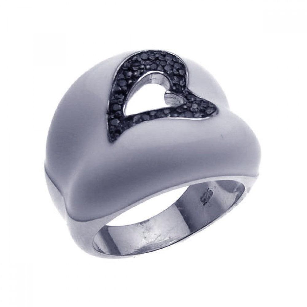 Silver 925 Rhodium and Black Rhodium Plated White Enamel Pave Set Black CZ Heart Ring - STR00618