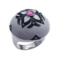 Silver 925 Rhodium and Black Rhodium Plated White Enamel Purple Center Clear and Black CZ Flower Dome Ring - STR00620