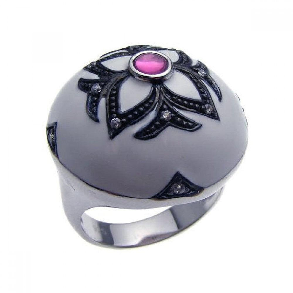 Silver 925 Rhodium and Black Rhodium Plated White Enamel Purple Center Clear and Black CZ Flower Dome Ring - STR00620
