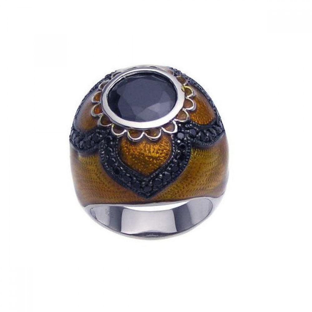 Silver 925 Rhodium and Black Rhodium Plated Brown Enamel Black CZ Dome Ring - STR00622
