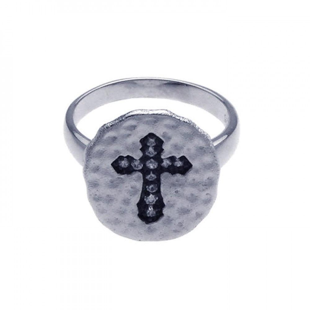 Silver 925 Rhodium and Black Rhodium Plated CZ Cross Hammered Ring - STR00625