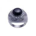 Silver 925 Rhodium Plated Black Onyx Clear Cluster CZ Dome Ring - STR00634