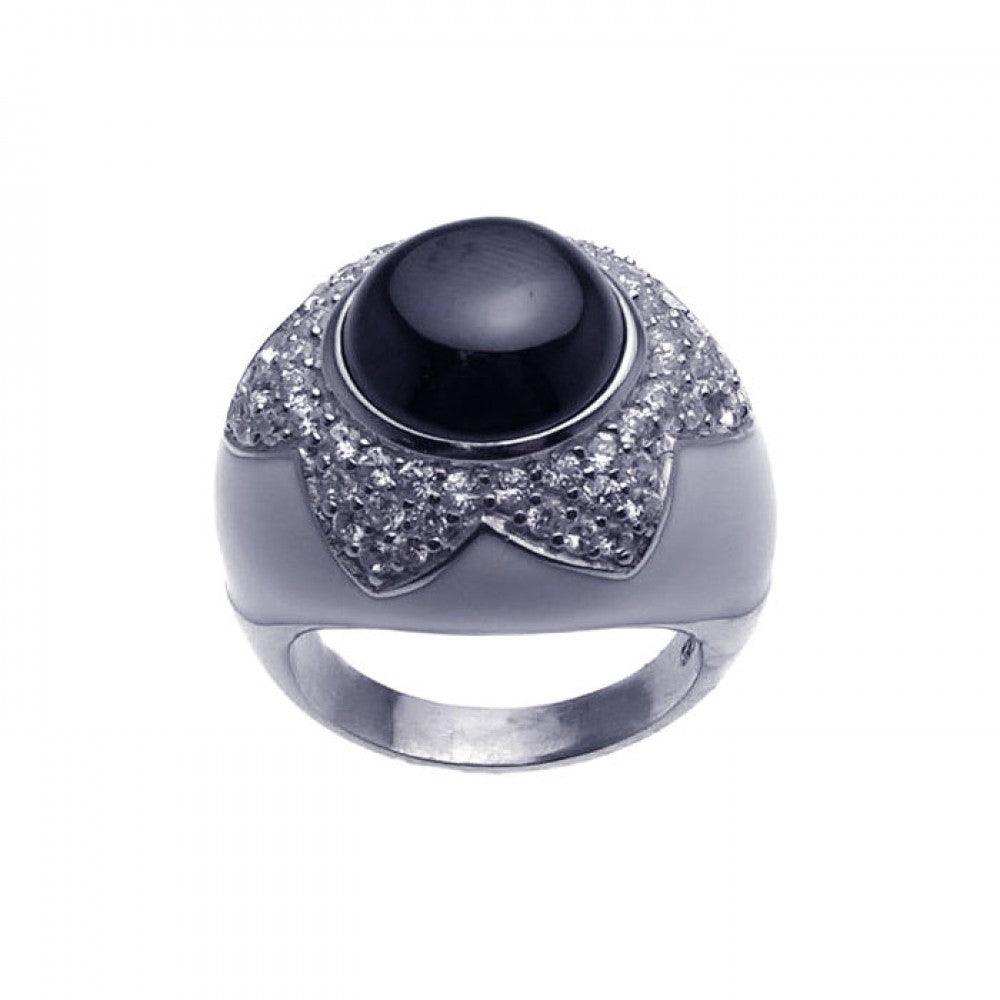 Silver 925 Rhodium Plated Black Onyx Clear Cluster CZ Dome Ring - STR00634