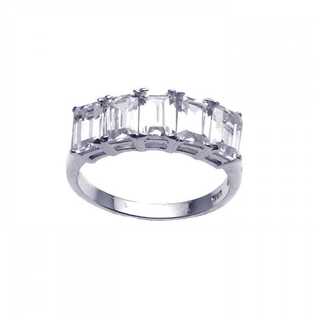 Silver 925 Rhodium Plated Clear Baguette 5 Stone Set CZ Ring - STR00636