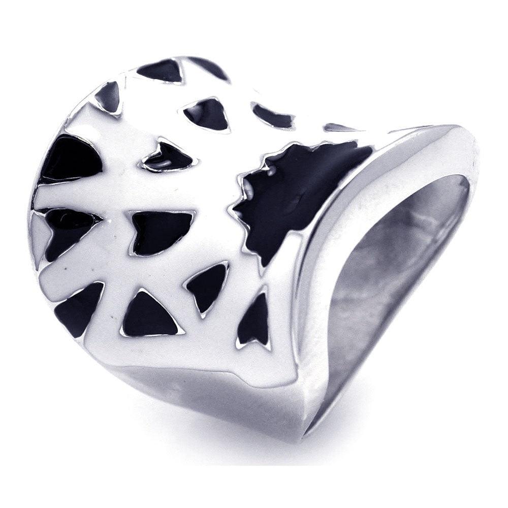 Silver 925 Rhodium Plated Black and White Enamel Wide Ring - STR00654